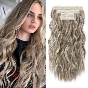 New 4PCS Clip-in Hair Extensions 24" Beach Waves, Ash Brown/Platinum Highlights